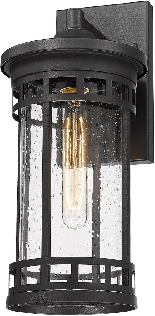 Outdoor Wall Sconce, Farmhouse Outdoor Wall Lantern with Seeded Glass ,Waterproof Exterior Lighting Fixture, Anti-Rust lamp Light for Patio Yard House Hallway Doorway Garage (Black,14.93 Inch Height)
