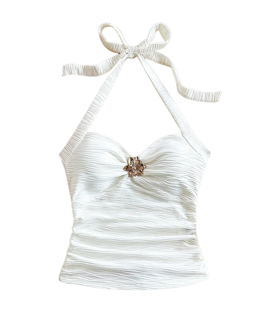 SOLY HUX Women's V Neck Halter Tops Open Back Y2k Ruched Floral Metal Summer Going Out Cami Tops MEDIUM