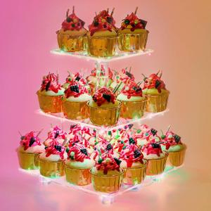 YestBuy 3 Tier Cupcake Stand - Premium Cupcake Holder - Acrylic Cupcake Tower Display - Acrylic Display for Pastry + LED Light String - Ideal for Weddings, Birthday Parties(Multicolored) (Colorful)