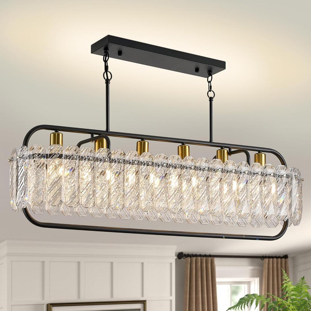 Black Crystal Modern Chandelier for Dining Room, 40 inch Chandeliers with Water Ripple Glass, Adjustable Chain Length,Luxury Rectangular Pendant Light Fixture for Kitchen Island Living Room