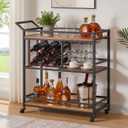 FATORRI Bar Cart for The Home, Rolling Wine Carts on Wheels with 3 Tier Wood Shelves, Liquor Beverage Cart with Wine Rack and Glass Holder (Rustic Oak), 14.17" D x 35.43" W x 36.02" H