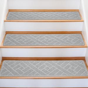 15 Pack 8" X 30" Non-Slip Carpet Stair Treads for Indoor Wooden Steps, Made of Polyester with Reusable Adhesive, Suitable for Kids Elders and Pets (Light Grey Lines)