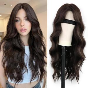 Synthetic Lace Front Wigs Dark Brown 26" Pre Cut Lace Middle Part Glueless Wig for Women Hand-Tied Preplucked Hairline Heat Resistant Wavy Replacement Hair Breathable Net Daily Party Use
