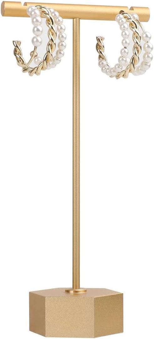GemeShou Gold Metal Earring T Bar Stand, Single small earring hanger display, Retail earring holder for show, Jewelry earring organizer for Online store PhotographyGold-Hexagon Base Height 5.3" (High)