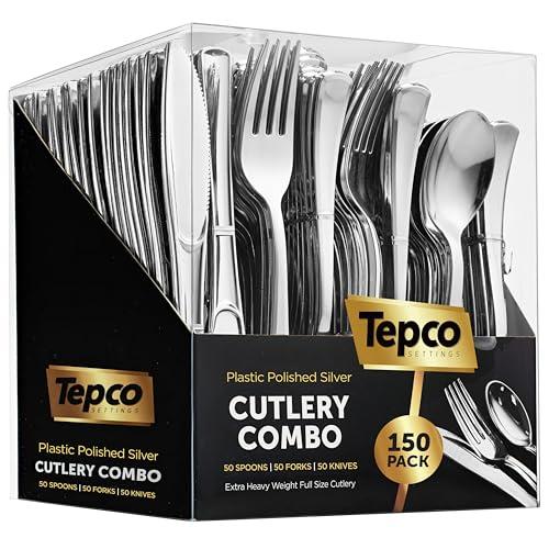 150 Silver Plastic Silverware Set - Disposable Flatware Cutlery - 50 Forks, 50 Spoons, 50 Knives - Heavy Duty Party Bulk