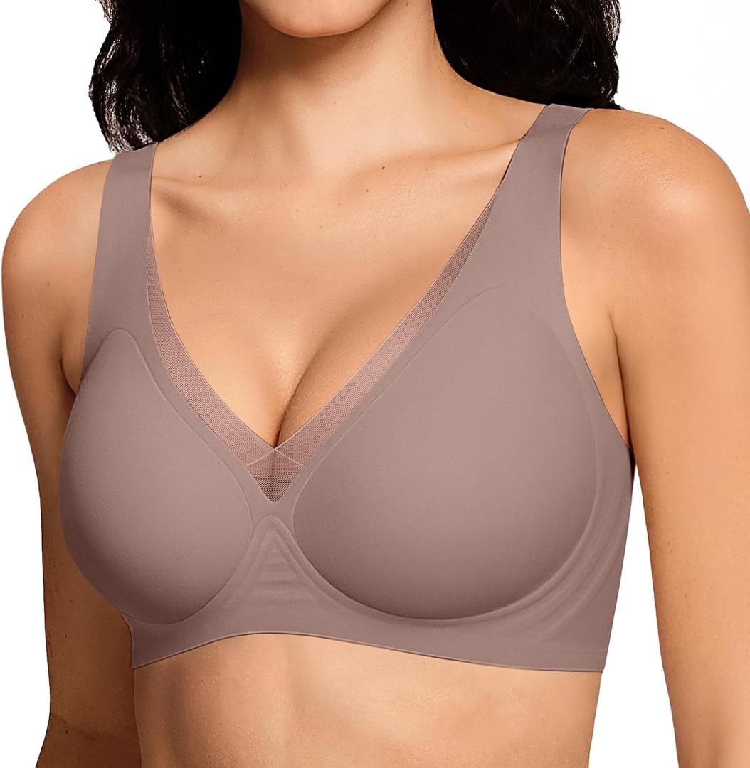 Deep V Wireless Jelly Bras for Women No Underwire Seamless Push Up Comfortable Tshirt Bralettes Everyday Bra (Large, Grey)