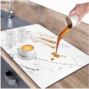 White Dish Drying Mat, 24"x16" Dish Draining Mat with Non-slip Rubber Backed, Absorbent Heat Resistant Dish Drying Mats for Kitchen Counter, Easy to Clean Coffee Machine Mats (White)