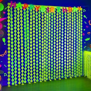 Mega-L Glow In The Dark Party Supplies, Pack of 2 Neon Party Decorations 3.3 x 6.6 ft Fluorescent Macaron Yellow Round Tinsel Foil Fringe Curtains, Photo Booth Prop Backdrop Streamer Birthday Party Decor, Set of 6