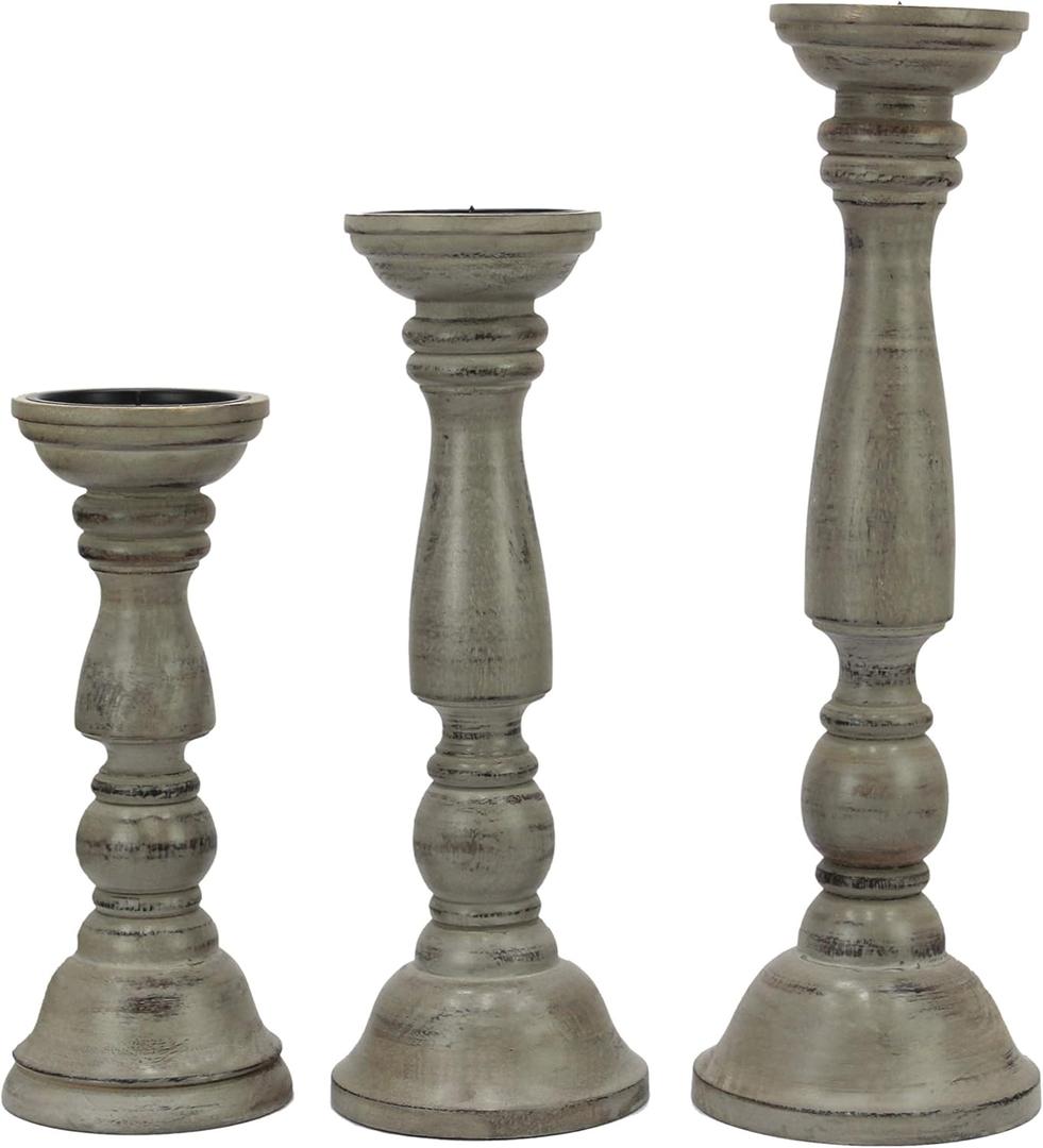 Solid Wood Candle Pillar Holder - Set of 3 Handcarved Candlestick Holder Stand - Boho Rustic Holiday Table Centerpiece Farmhouse Mantle - 17" 14" 11" H - Antique Charcoal Grey Distressed -COTTON CRAFT