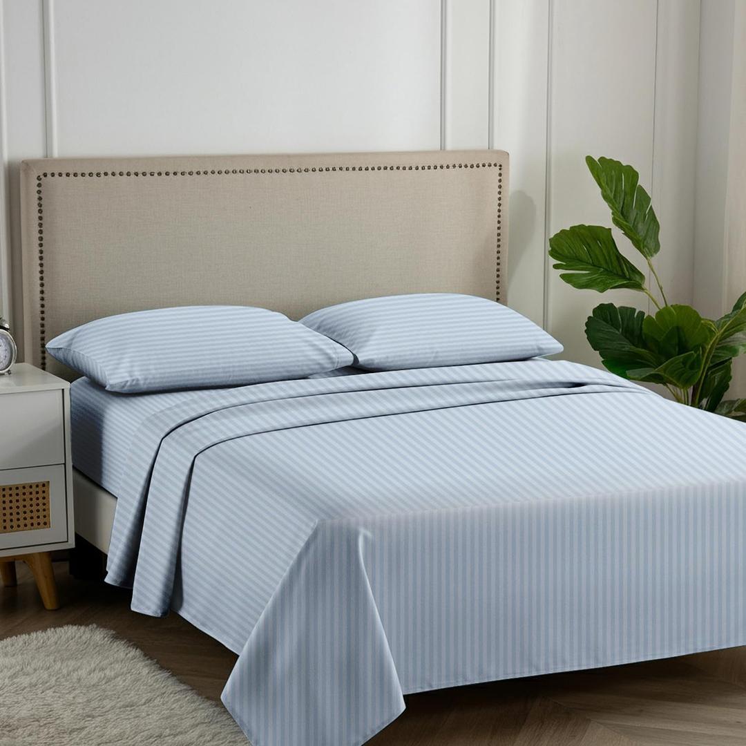 Carressa Linen Luxury Egyptian Cotton Queen Stripe Sheet Set, 600 Thread Count Extra Long Staple 4 PC Set, Queen Damask Sheets, Soft, Cooling Sateen Weave Sheets Upto 18" Deep Pocket - Light Blue