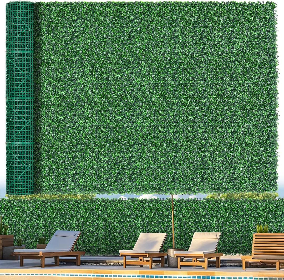 Grooy 71"x 126"(62 sq.ft) Artificial Boxwood Roll Panels with Flowers, UV-Anti Faux Ivy Leaves Privacy Fence Screen, Grass Wall Roll Panels for Indoor Home Decor and Outdoor Garden Backyard