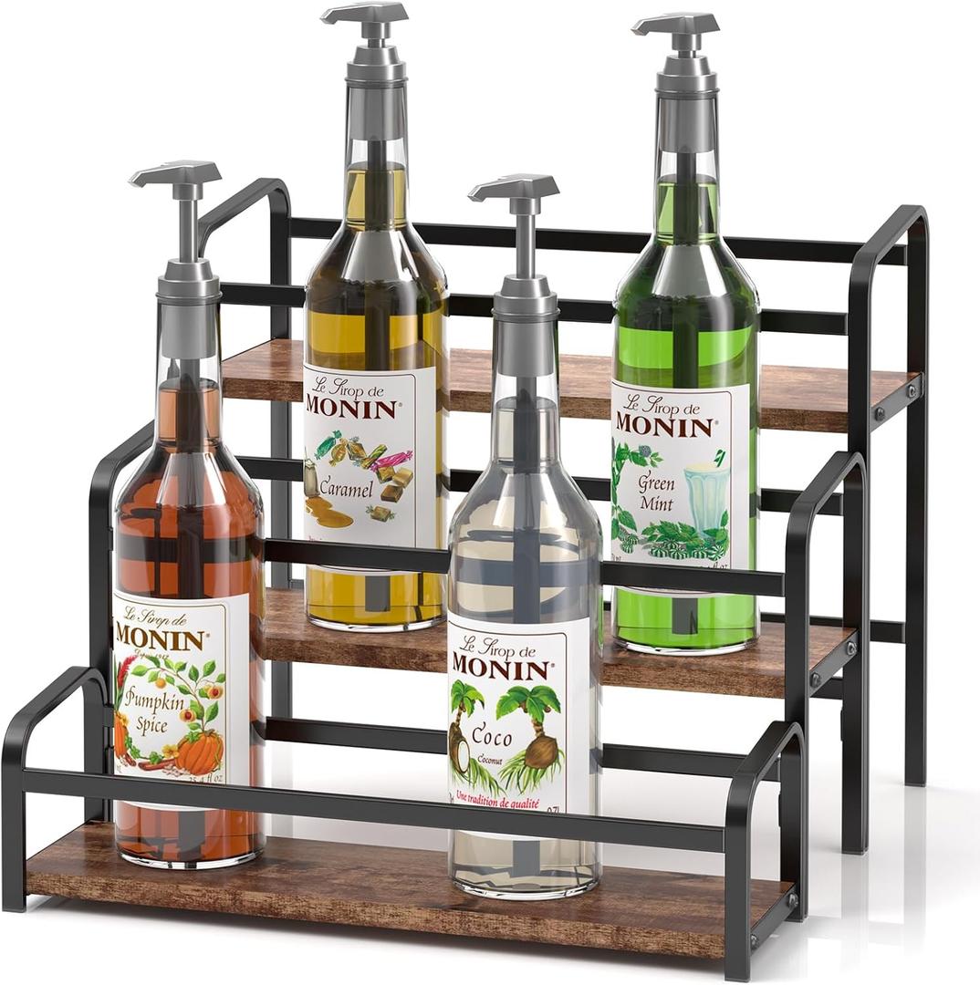 Coffee Syrup Organizer 3-Tier: Vintage Coffee Syrup Rack 12 Bottles Capacity, Free-Installation Coffee Station, Wine Rack for Countertop, Tiered Spice Racks for Cabinet, Bottle Display Shelf (Black)