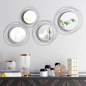 Hicarer 4 Pcs Decorative Wall Mirror Round Modern Mirror Circle Mirror Wall Art Ring Metal Mirror Wall Decor Wall Mounted Mirror for Bedroom Living Room Entryway Dining Room Hallway (Silver)