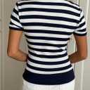 SweatyRocks Women's Slim Fit Zip Up Sweatshirts Collar Striped Short Sleeve Tops with Pockets (M)