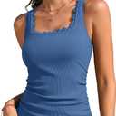 ANFILIA Scalloped Tankini Top Ribbed Bathing Suit Top Women Square Neckline Swimsuit Top ( Grey Blue, Large)