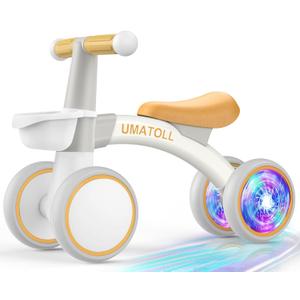 Umatoll Colorful Lighting Baby Balance Bike Toys for 1 Year Old Boys Gifts, Adjustable Seat Baby Walker, One Year Old Boy Birthday Gifts, 12-24 Months Toddler First Ride on Toys with Removable Basket (White)
