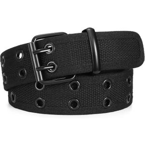 WHIPPY Canvas Double Grommet Belt Unisex Casual Double Prong Belt for Men Women for Jeans Pants (Fit Waist Size Below 40", Black(black Buckle))