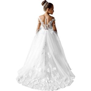 JISISANG Flower Girls Lace Tulle Ball Gowns with Bow-Knot First Communion Dresses Tutu Pageant Dress for Wedding Princess (2, Style B White)