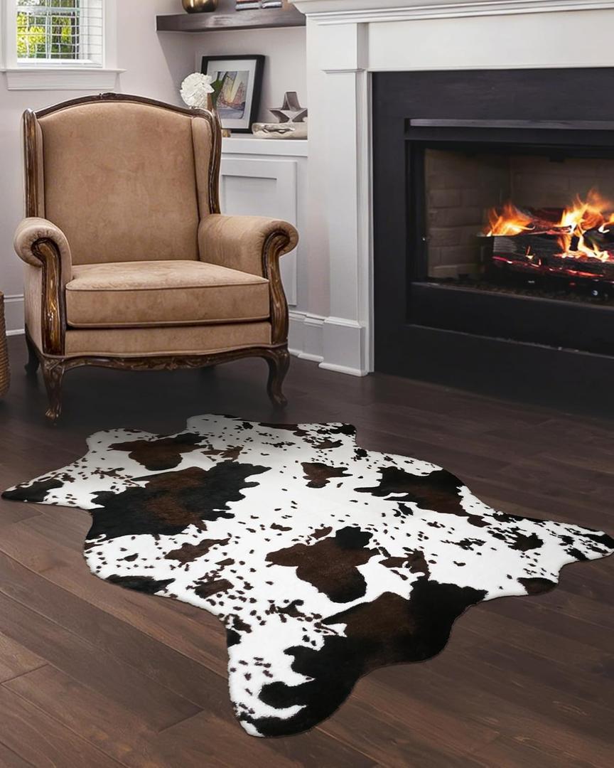 Cow Hide Faux Cowhide Rug: Cow Print Rug for Living Room Bedroom 4.6x5.2 Feet - Animal Print Skin Black and Brown Western