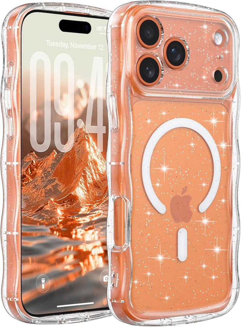 FABSPARK Case for iPhone 17 Pro Max,Compatible with MagSafe,Magnetic Clear Curly Wavy Frame Wave Case with Sparkly Bling Glitter,Transparent Acrylic Hard PC for iPhone 17 Pro Max,Glitter Clear