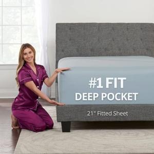 Deep Pocket Full Fitted Sheet - 17” - 21” Inch + Extra Deep Pocket Fitted Sheet Only - 1 Fitted Bed Sheet with Deep Pockets for Pillow Top Mattress Soft Full Size Fitted Sheets Light Blue