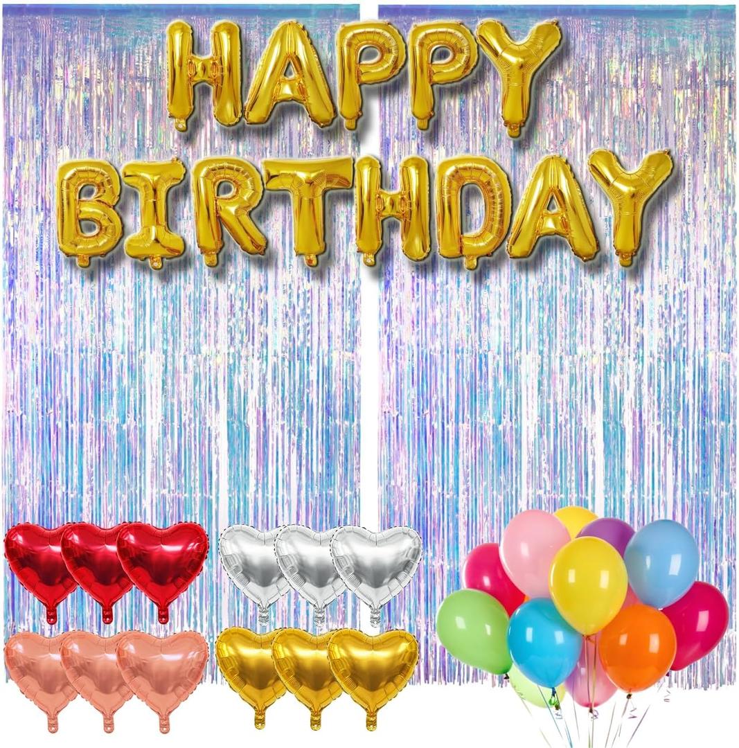 77Pcs Iridescent Birthday Party Decorations Kit, Happy Birthday Banner, Neon Transparent Holographic Tinsel Foil Backdrop, 4 Colors Foil Heart Balloons with Colorful Balloons Mermaid Frozen Sea Decor