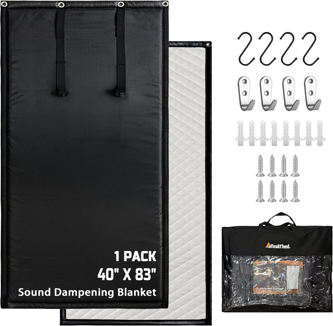 Soundproof Curtains 40" x 83" Acoustic Sound Barrier Dampening Blanket for Doors & Windows, Noise Blocking Blackout Curtain, Use for Recording Studio Home Office, Black, 100*210cm