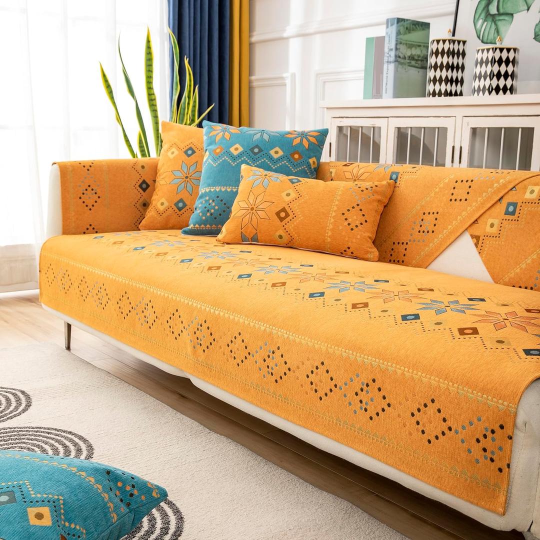 Boho Chenille Couch Covers,Geometric Couch Covers for Sofa,Chenille Couch Cover Non Slip,Sectional l Shaped Sofa Furniture Protector Cover for Home Decor,Orange_2 Seat 43x70in/110x180cm