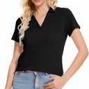 YuKaiChen Women's Polo Shirts Casual Summer Collared Tops Short Sleeve Knit Tops V Neck (Medium, Black)