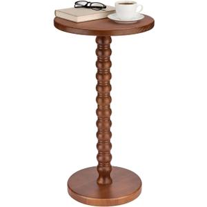 Solid Wood Round Side Table, Rustic Pedestal Drink Table for Small Spaces, Accent Nightstand Table for Living Room, Bedroom, Corners, and Office, Brown, 11.7"L x 21.9"H