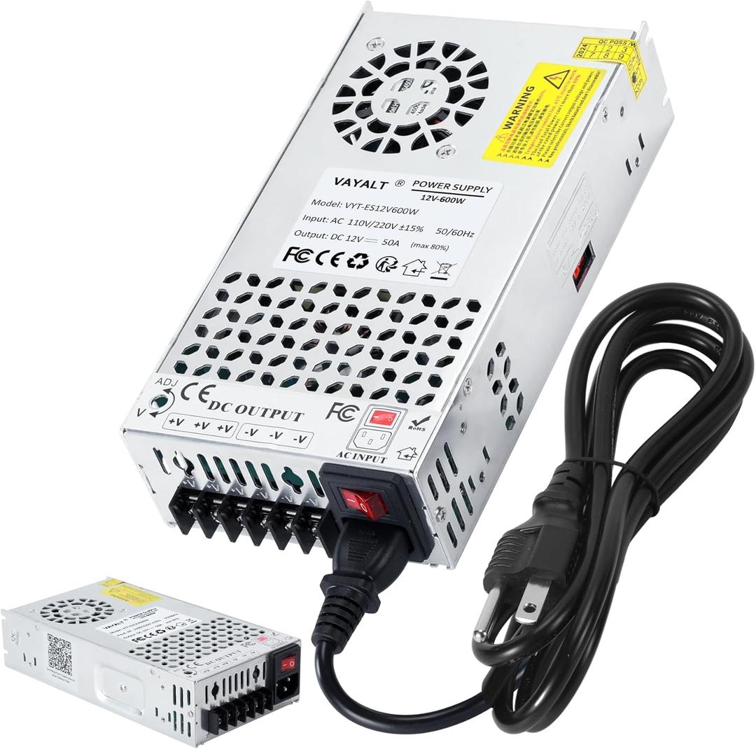 VAYALT DC 12V 50A 600W Switching Power Supply, 110V/220V AC to DC Converter, Universal Regulated Switching, 12V Power Supply for CCTV Camera System, 3D Printer, LED Strip, Computer Project