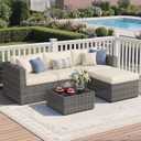 Wisteria Lane 5 Piece Outdoor Patio Furniture Set, All Weather Wicker Rattan Sectional Sofa Conversation Set with Cushions & Glass Coffee Table, Ideal for Backyard Porch Garden Balcony, Beige