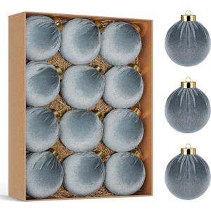 Artmag Christmas Tree Ornaments Velvet Balls, 12 PCS Plastic Shatterproof Xmas Hanging Balls for Winter Holiday Decor 80mm 3.15 inch Grey