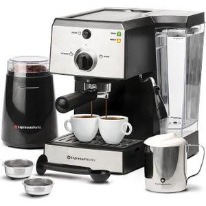 EspressoWorks All-In-One Espresso Machine with Milk Frother 7-Piece Set - Latte Maker Includes Grinder, Frothing Pitcher, Cups, Spoon and Tamper - Coffee Gifts (Stainless Steel) (01 - AEW1000  Silver)
