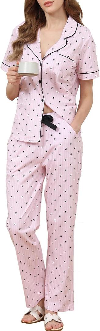 Woitury Cotton PJ Sets for Woman 2 Piece Lounge Set Short Sleeve Shirts and Pants (Pink, XL)
