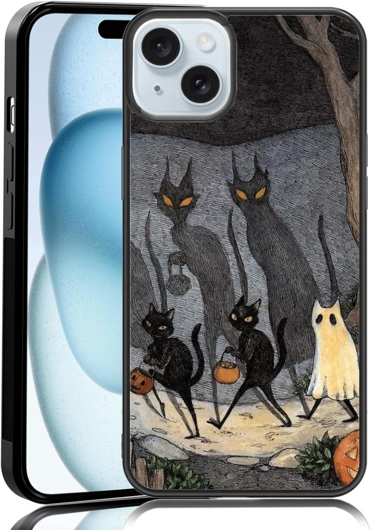 Vintage Scary Halloween Black Cat Phone Case Fit for iPhone 15 Plus  Shockproof Designed Funky Art Cute Print Phone Case Cover for Boy Girl Men Women