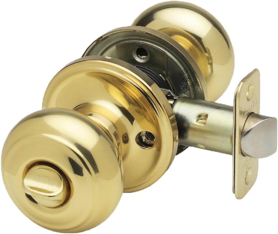 Copper Creek Polished Brass Door Knobs - Round Colonial Knob with Privacy Locking Function for Home Improvement, 1 Pack - Fits All Standard Doors - Locking Door Knob for Bedroom and Bathroom Use