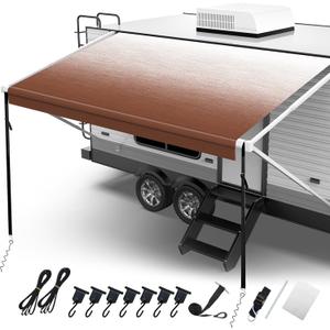 Fonzier RV Awning Fabric Replacement, 19.5oz Heavy Duty Vinyl, with Tie Down Kits & 7 Hooks & Pull Strap for Trailer Camper Awning- 18'(Fabric 17'2"), Sand Brown Fade