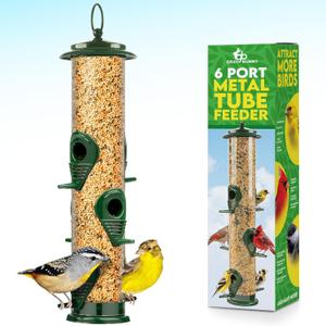 Bird Feeders for Outdoors (Green) Squirrel Proof Hanging Bird Feeder with Locking Lid & Adjustable Hanger, Chew-Proof, Weather Resistant 15 Inches 6 Port
