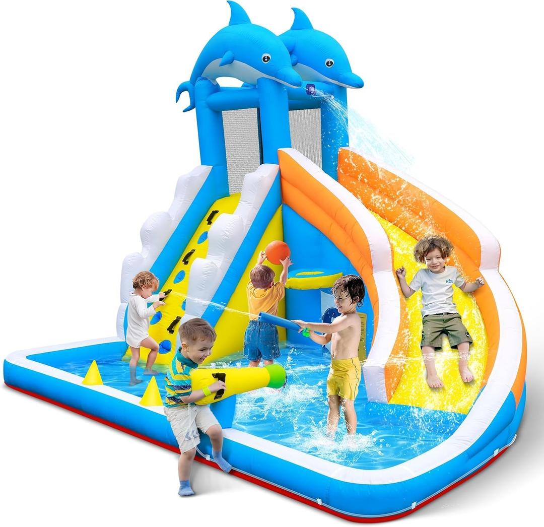 TOAOB Inflatable Water Slide,5 in 1 Dolphin Inflatable Bounce House for Kids- Climbing Wall Splash Pool Water Cannon Basketball Rim - 480W Blower - for Indoor Outdoor Backyard Birthday Party
