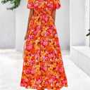 BTFBM Womens Spring 2026 Casual Maxi Dresses Short Sleeve Smocked Tiered Floral Boho Long Beach Dress with Pockets (M)