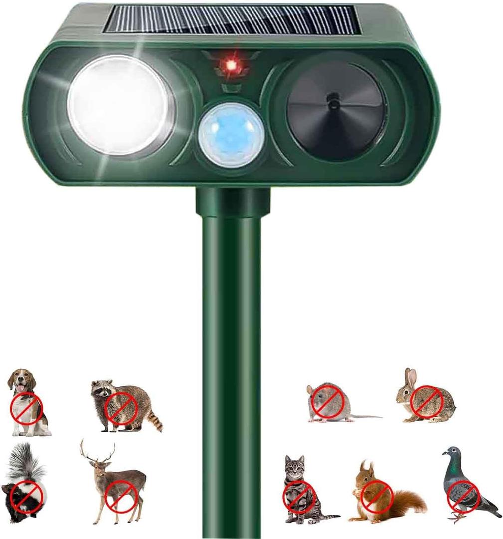 Upgraded Solar Ultrasonic Animal Outdoor, Deer Repellent Devices Motion Detection, Waterproof Cat Squirrel Mouse Raccoon Dog Deterrent with LED Flash Lights for Yard Garden-1PACK