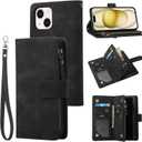 RANYOK iPhone 15 6.1 inch Flip Wallet Case with RFID Blocking, Zipper Pocket, Kickstand, Wrist Strap, Black Leather