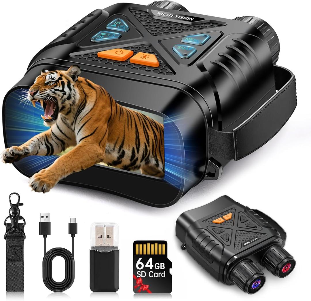 Night Vision Goggles, Night Vision Binoculars for Adults 10X Digital Zoom 7X Infrared Binoculars with 64GB TF Card for Photos and Videos, Ideal for Outdoor Camping and Wildlife Observation