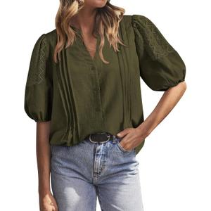 BTFBM Women's Lace Puff Sleeve Tops 2025 Summer V Neck Casual Button Down Shirts Loose Dressy Work Business Blouse Top (S, Army Green)