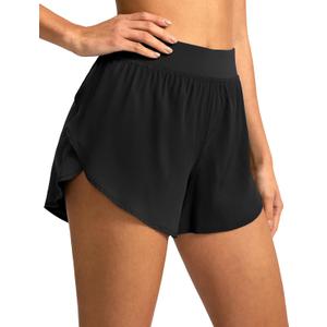 Soothfeel High Waisted Athletic Running Shorts for Women Dolphin Shorts High Split Quick Dry Gym Workout Shorts with Liner (Medium, Black)