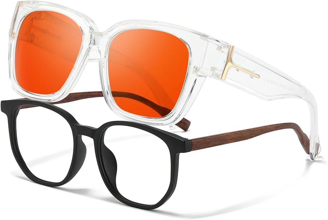 VIEWBETTER Anti 99.99% Blue Light Blocking Glasses Over Eyeglasses, Oversized Fitover Amber Orange Computer Gaming Eyewear (A04 Transparent Frame / Red Lens)