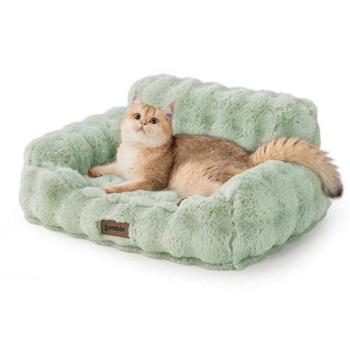 ZOMISIA Cat Couch Bed for Indoor Cats-Orthopedic Cat Sofa with Supportive Egg Foam, Fluffy Cute Faux Fur Removable Washable Cover and Non-Slip Bottom, Sage Green