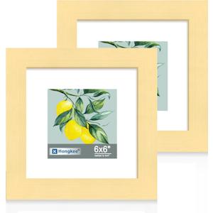 Hongkee 6x6 Picture Frame Set of 2, Made of Real Glass and Gold Wooden Frame - Display Square 4x4 with Mat or 6x6 Without Mat, 6 by 6 Photo for Wall or Tabletop