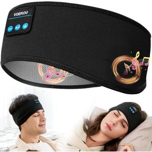 Voerou Sleeping Headphones Bluetooth 5.4 Headband, Wireless Music Eye Mask with HD Stereo Speakers, Headband Headphones for Side Sleepers, Christmas Cool Tech Gadgets Gifts for Men Women Teen Boys (Dark Black & White)